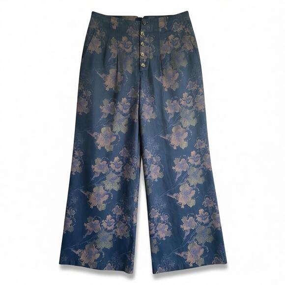 Pilcro Anthropologie Metallic Floral Brocade Wide Leg Pants Blue Gold Sz 30 - Picture 14 of 14
